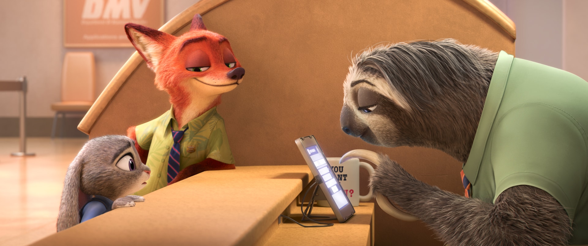 ZOOTOPIA – FLASH, THE FASTEST SLOTH AT THE DMV -- When rookie rabbit officer Judy Hopps (voice of Ginnifer Goodwin) has only 48 hours to crack her first case, she turns to scam-artist fox Nick Wilde for help, but he doesn't always have her best interests at heart. Their investigation takes them to the local DMV (Department of Mammal Vehicles), which is staffed entirely by sloths. Directed by Byron Howard and Rich Moore, and produced by Clark Spencer, Walt Disney Animation Studios' "Zootopia" opens in U.S. theaters on March 4, 2016. ©2015 Disney. All Rights Reserved.