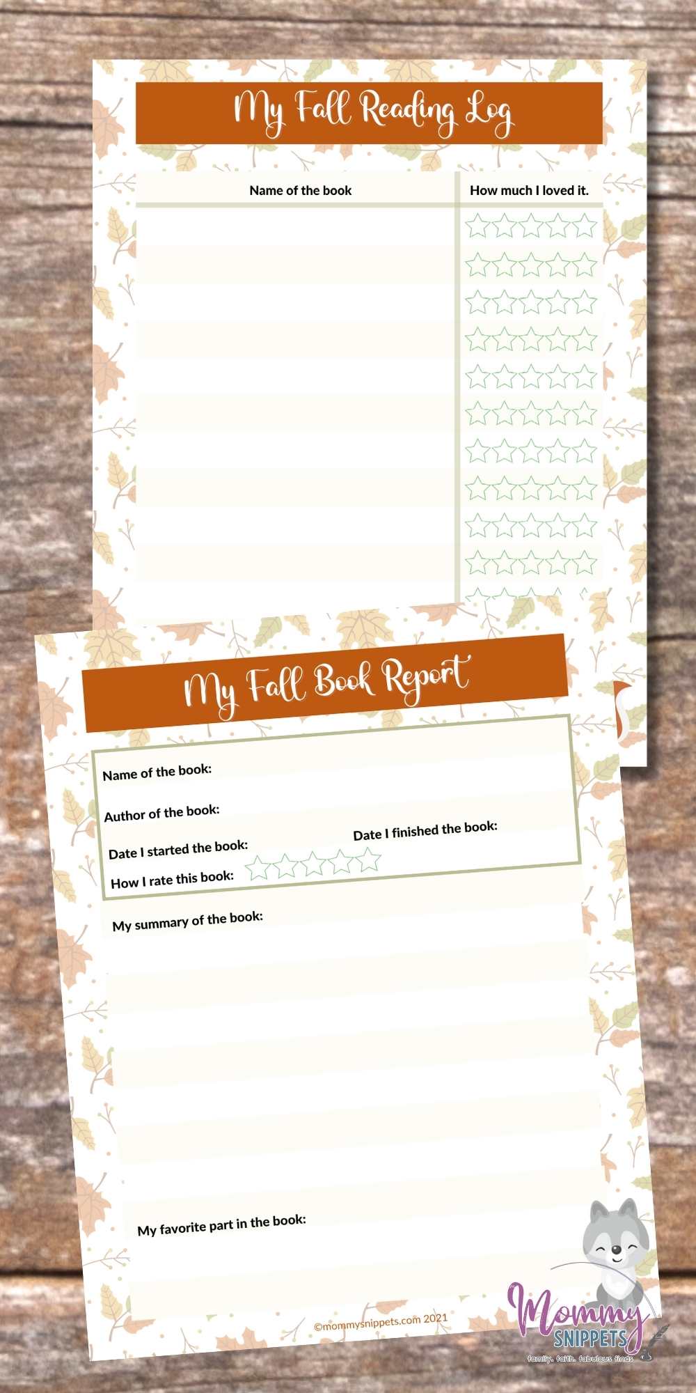 Fall Book Report for Kids, Fall Reading Log for Kids