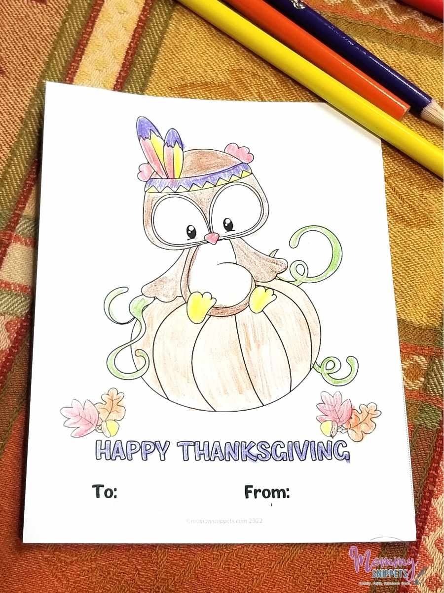 Thanksgiving owl on pumpkin Thanksgiving colorng card