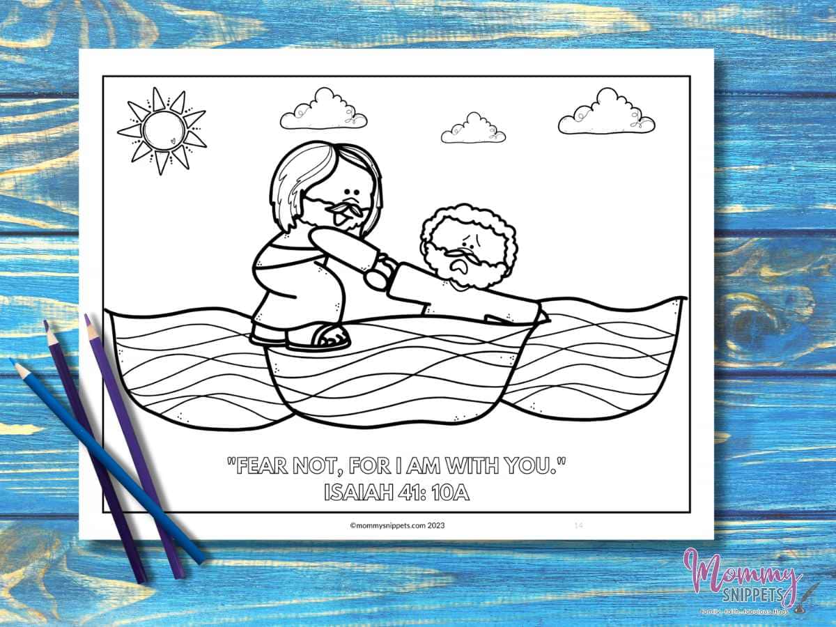 Jesus walks on water coloring page- Jesus helping Peter