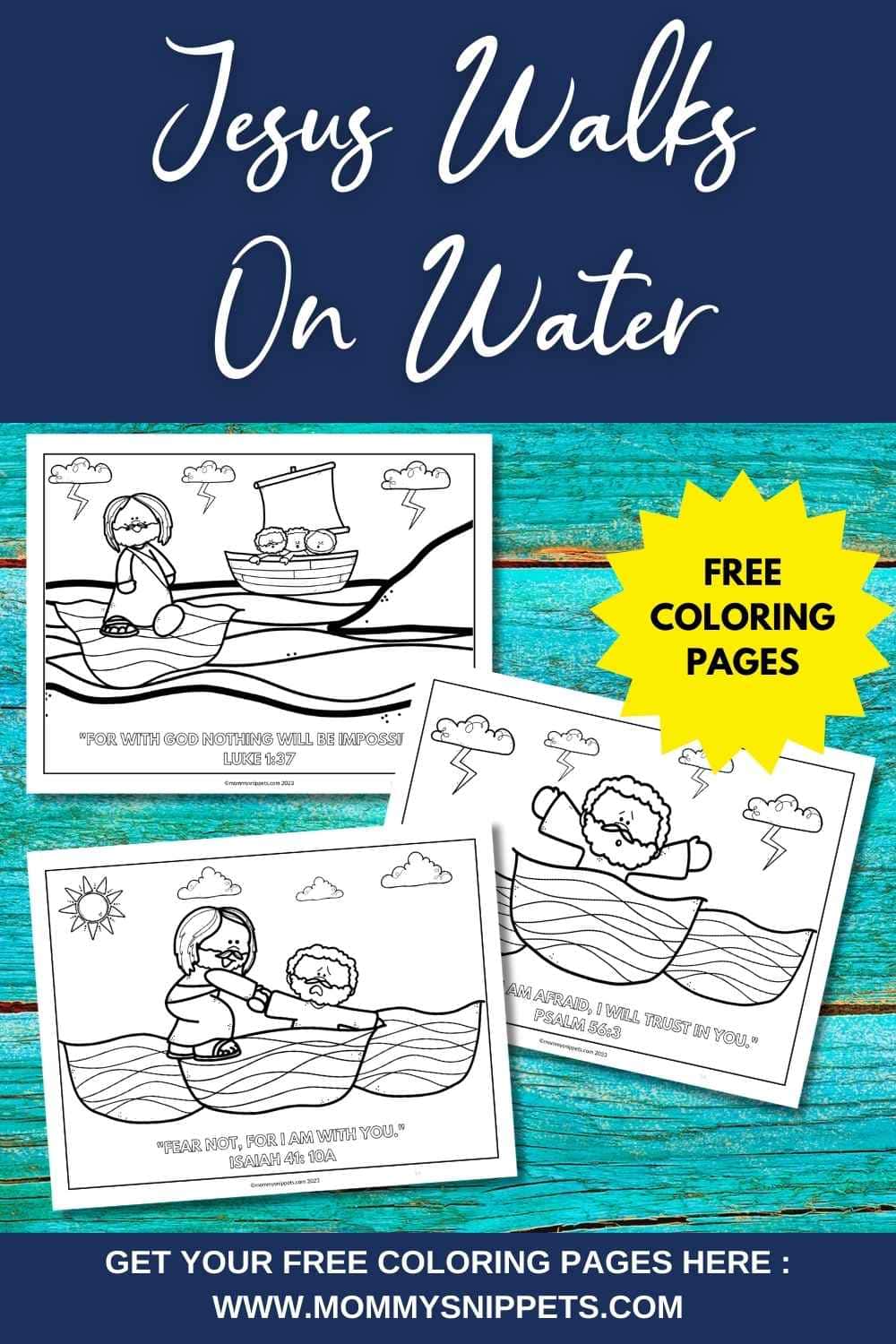 Download and print THREE free Jesus Walks On Water coloring pages with a Bible verse to memorize on each sheet.